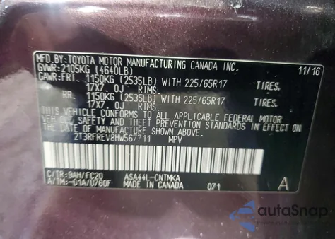 2017 Toyota Rav4 Xle из США, поврежденный, VIN 2T3RFREV8HW567711